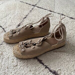 Marc Fished Tan Suede Espadrille Lace Up Platform Sandal size 9.5
